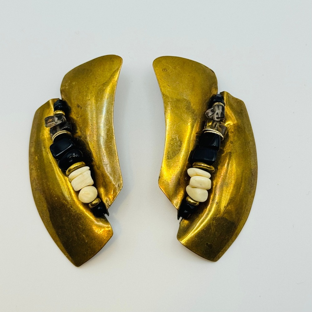 VTG Brutalist Brass Earrings Textured runway statement Pierced Modernist Artisan - Picture 2 of 5